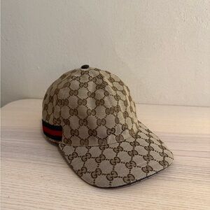 Gucci Tan Monogram Hat with Red and Black Stripe